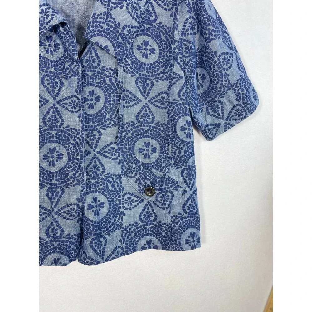 JM Collection Women Blazer Jacket 16  Blue Linen Floral Button Down Short Sleeve